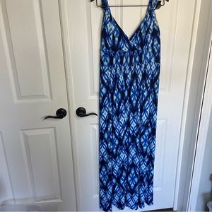 Chaps Ralph Lauren Blue Floral TIE DYE maxi Dress Stretchy XL cruise vacation